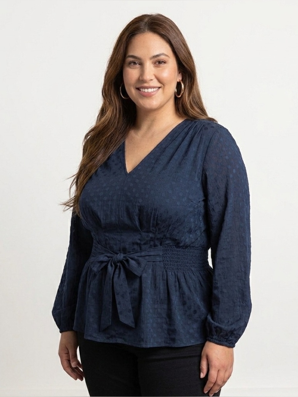 Max Studio Plus Size Blouse Polka Dot Print Navy Blue NWT Size 1X Belted v-neck